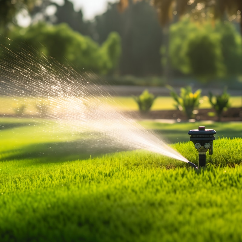 Arroseur automatique pour pelouse verte et jardin luxuriant. Arroseur automatique pulvérisant de l'eau en brouillard sur une pelouse verte sous le soleil.