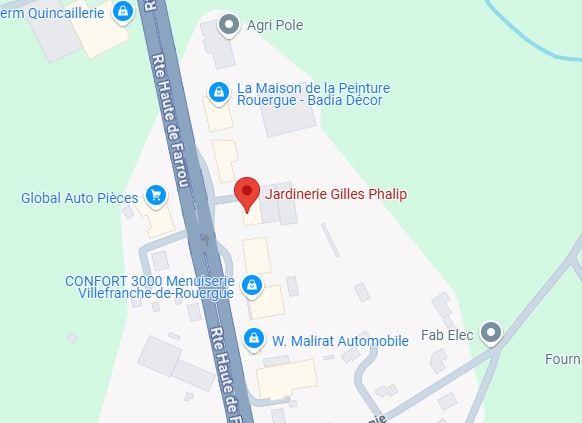 Carte zone Villefranche-de-Rouergue : Jardinerie Gilles Phalip (point rouge), Rte Haute de Farrou, commerces.