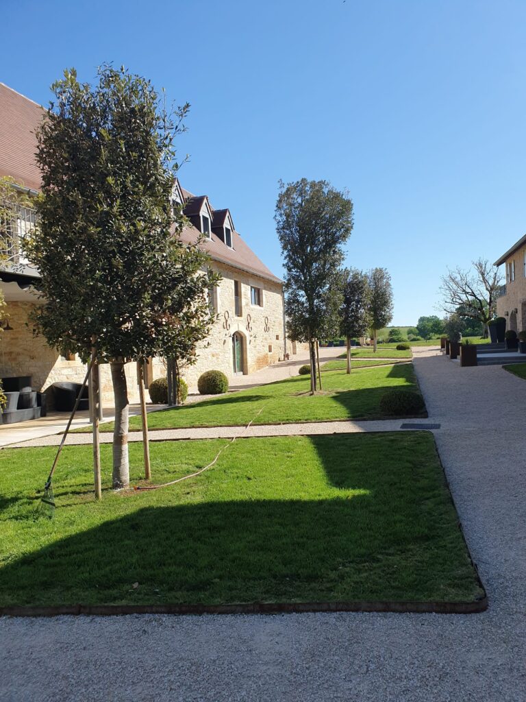 Cour d'un domaine en pierre avec allées de gravier et pelouses bordées d'arbres, sous un ciel bleu ensoleillé.