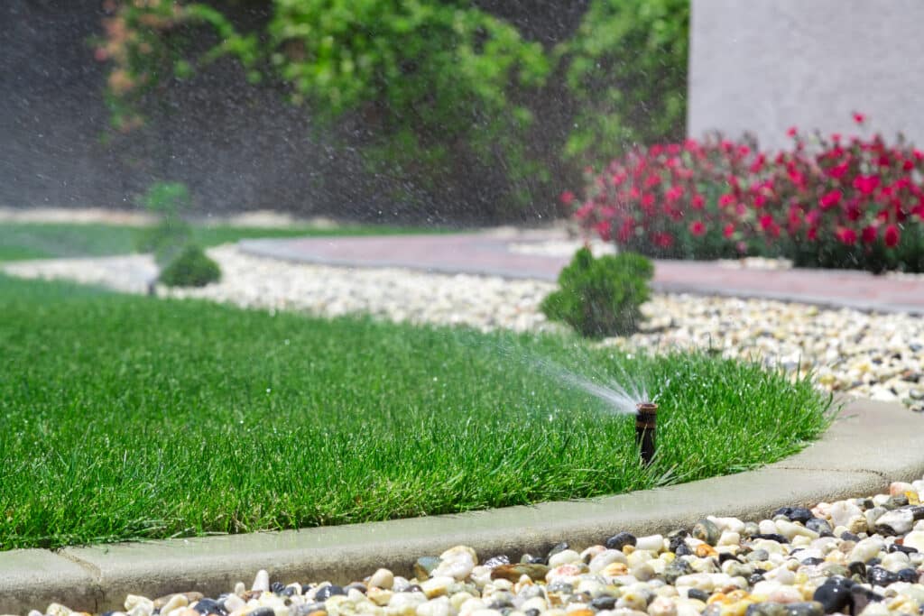 Arrosage automatique d'une pelouse verte et d'un jardin avec des fleurs rouges par un système d'irrigation.